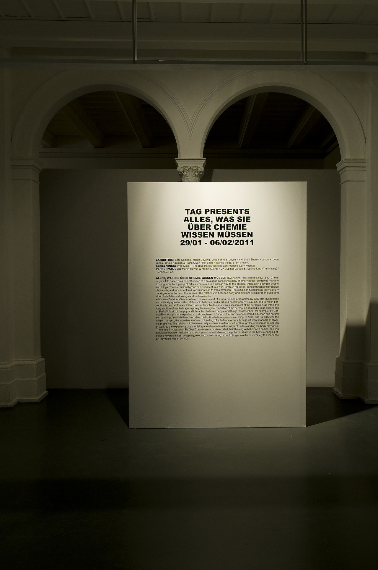 Entrance of the CTM 2011 exhibition »Alles was Sie über Chemie wissen müssen«, curated by Hicham Khalidi and Suzanne Wallinga, Kunstquartier Bethanien