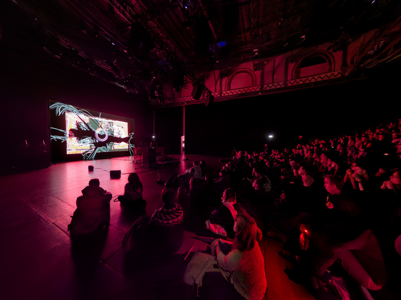 Sarah Davachi on stage performing »Double Reeds« with film by Dicky Bahto at CTM 2026, photo by Udo Siegfriedt