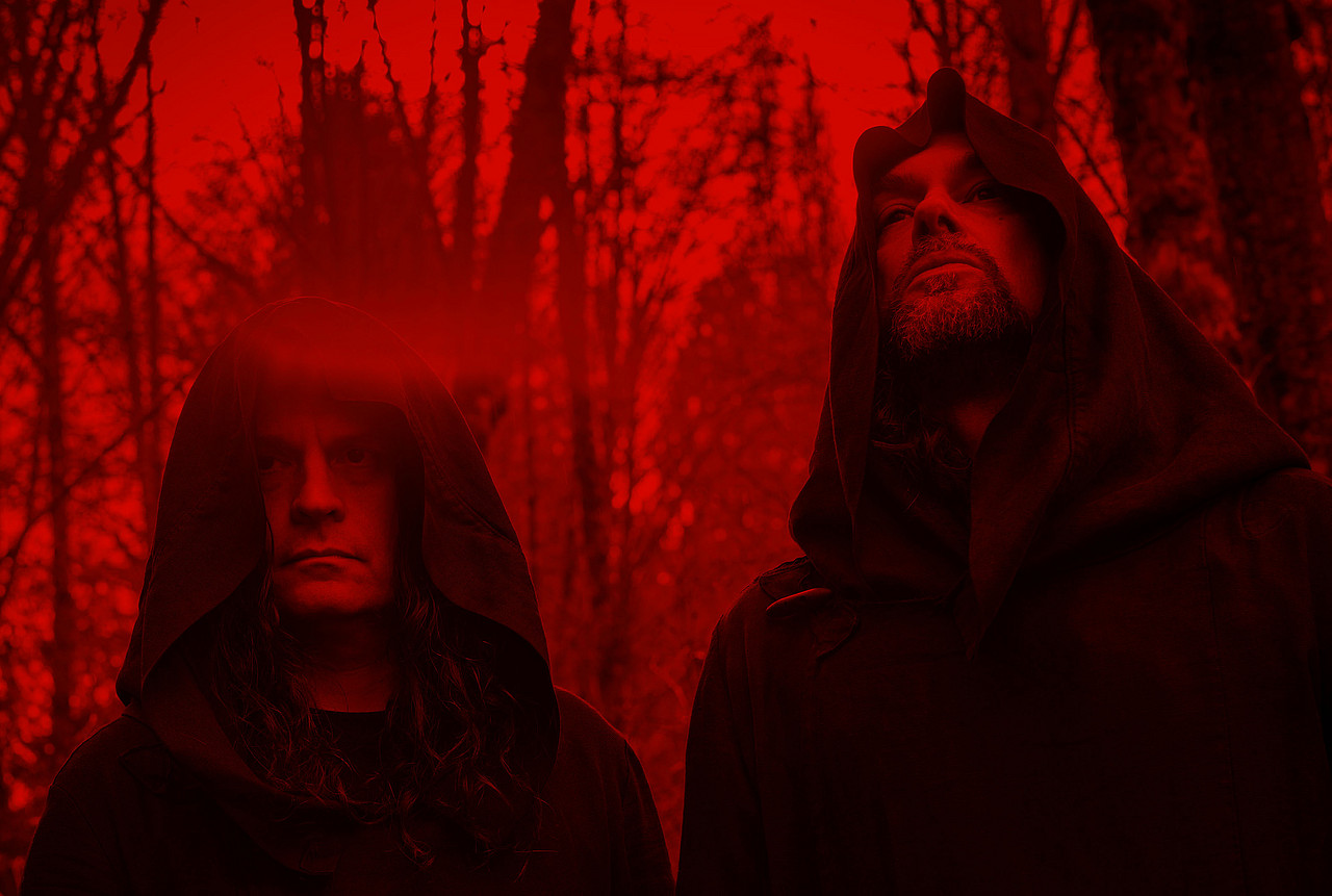 Portrait of Stephen O'Malley and Greg Anderson of Sunn O))), photo by Charles Peterson.