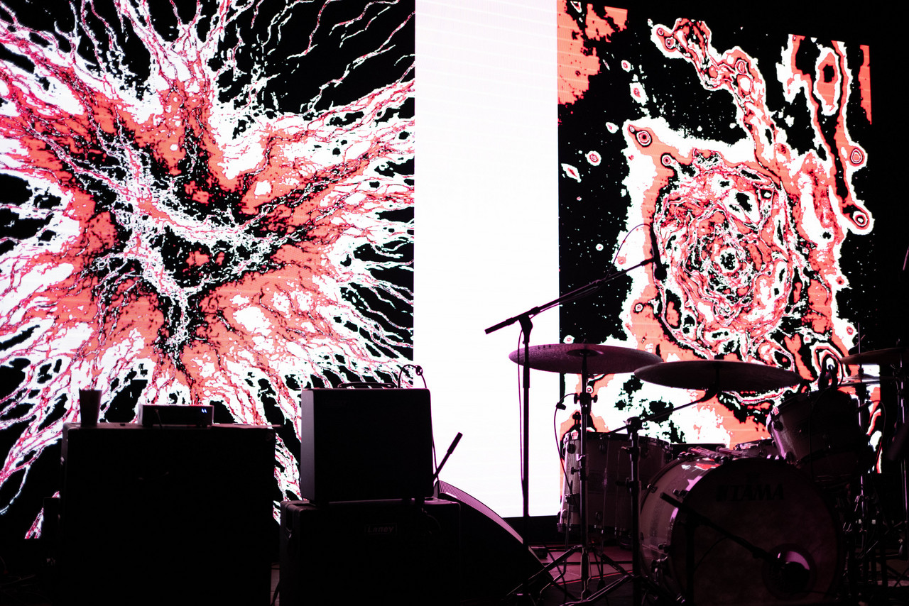 Backdrop for the stage at the CTM 2026 Opening Concert at Haus der Visionäre The stage at the CTM 2026 Opening Concert at Haus der Visionäre displaying the festival visual identity, photo by Camille Blake.
