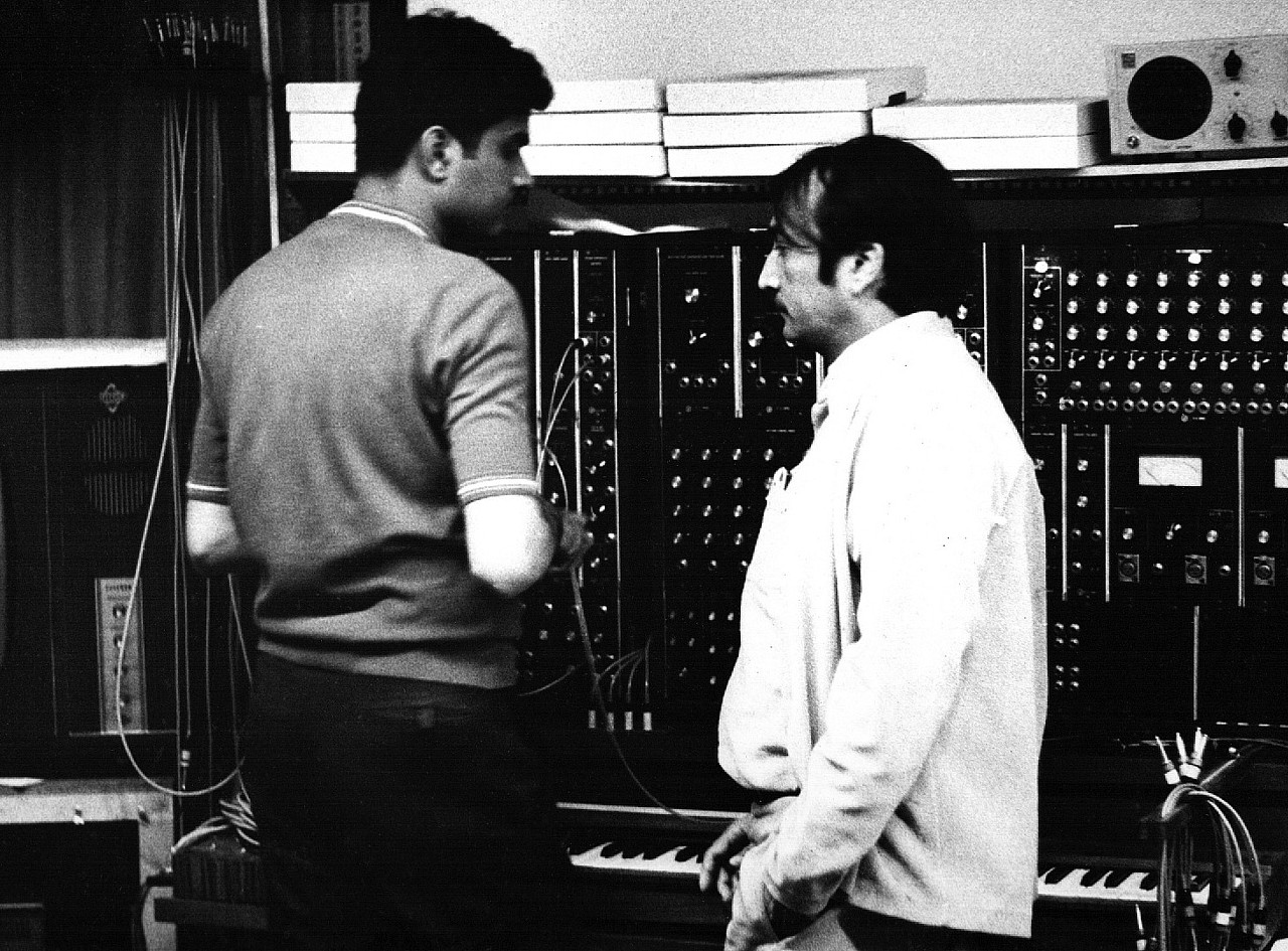 I.S. Mathur and Atul Desai working with the Moog ca. 1970.