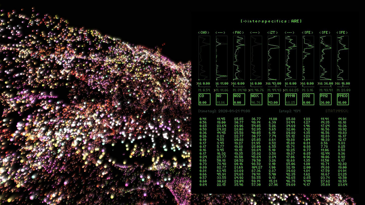 Interspecifics – Image from the Aire.V3 project, an audiovisual piece on pollutant predictions in different cities around the world.